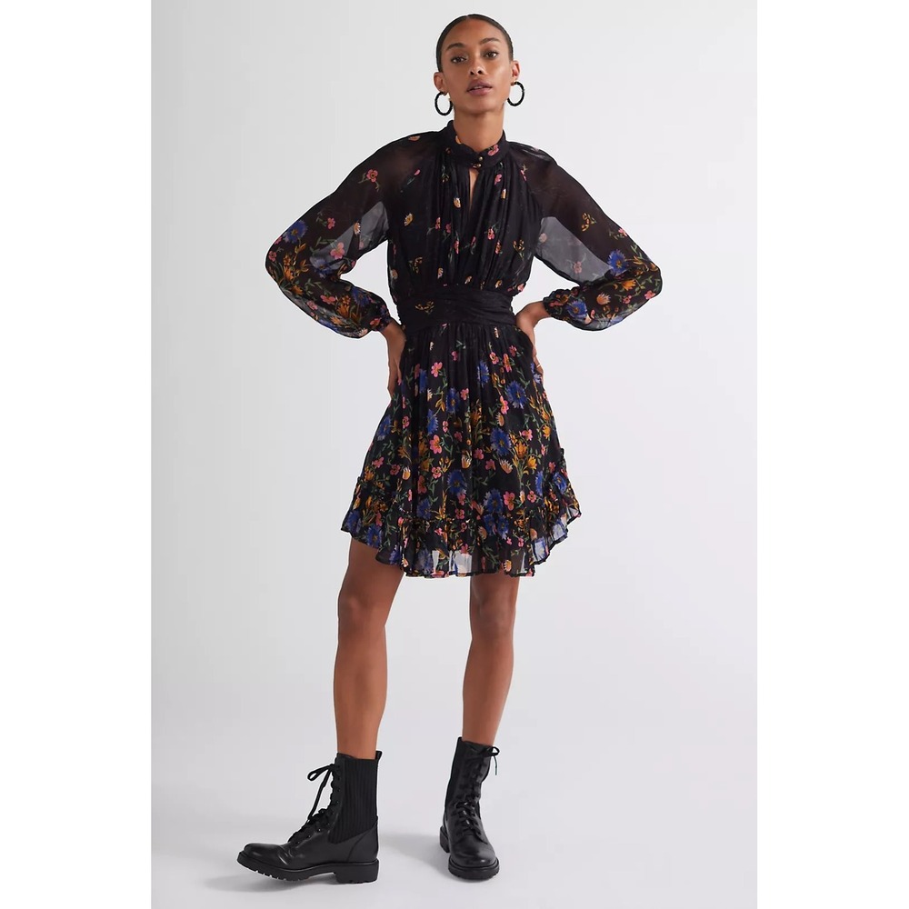 Anthropologie Floral Chiffon Mini Dress Sheer Long Sleeve Open Back Sz 6
